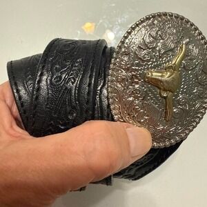 Vintage Boys Black Embossed Leather Belt Western Silver Longhorn Buckle